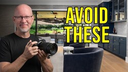 Photographer holding camera in modern kitchen, yellow text overlay reads 'AVOID THESE'