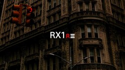 Sony RX1R III camera model text overlaid on architectural street scene