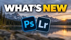 Graphic displaying Photoshop and Lightroom logos with 'WHAT'S NEW' text over landscape background
