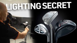 Studio lighting setup with golf clubs displayed on right side of frame