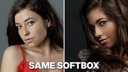 Side-by-side portrait comparison demonstrating identical softbox lighting on two female subjects