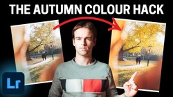 Thumbnail comparing a before and after autumn park photo edit, with a man pointing at the vivid yellow-toned result on the right.
