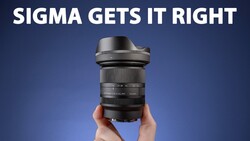 Hand holding a Sigma zoom lens with a petal hood against a blue backdrop, under the headline 'Sigma Gets It Right'