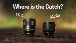 Two prime lenses on dirt ground, labeled $600 and $1200 under the headline "Where is the Catch?" for a lens comparison