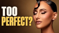 Woman with closed eyes, winged eyeliner and glowing skin beside bold text reading 'TOO PERFECT?'