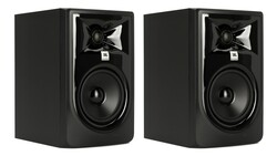 Pair of black JBL studio monitor speakers with glossy front panels, tweeters, and woofers on a white background