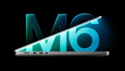 Illustration of a silver laptop slicing diagonally through glowing teal and blue 'M6' lettering on a black background.
