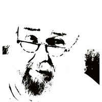 High-contrast black and white portrait illustration of bearded man wearing glasses