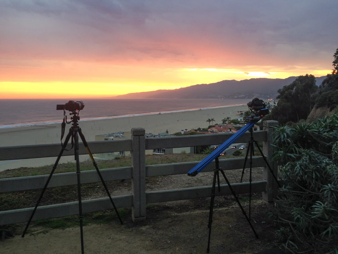 Behind the cameras shooting a vibrant Santa Monica sunset