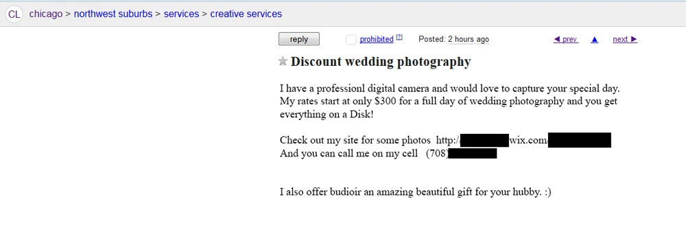 Craigslist discount wedding photography ad