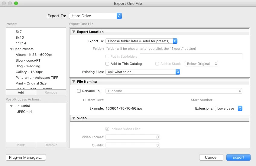 Lightroom export dialog presets