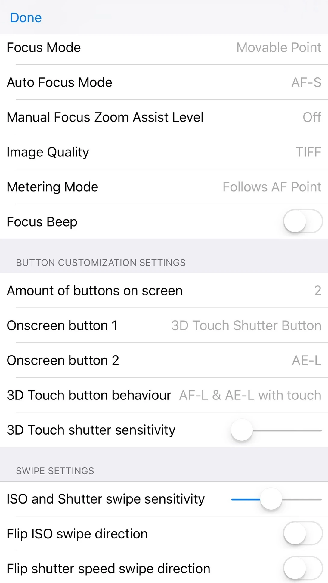 Custom Cam iPhone App Settings Screen