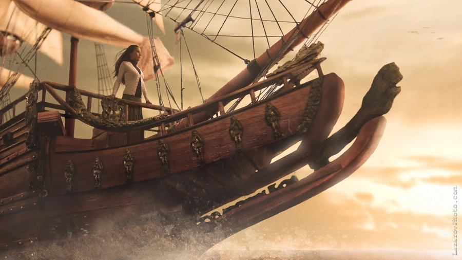 Letter in a bottle - sunset on the ship scene