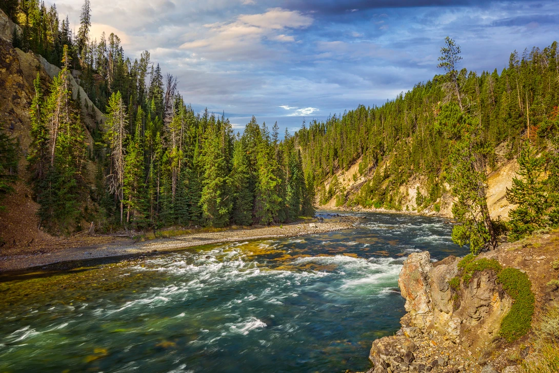 sunrise shot looking upstream above the lower falls in yellowstone national park