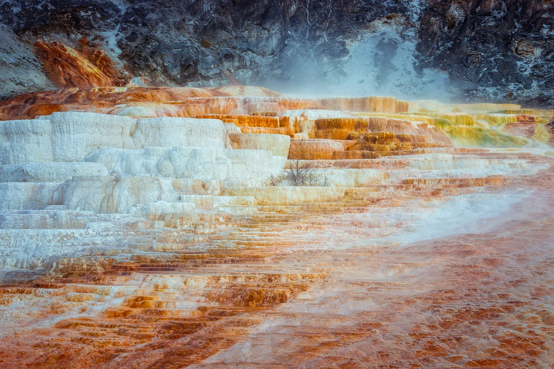close up shot of water formations at mammoth hot springs.
