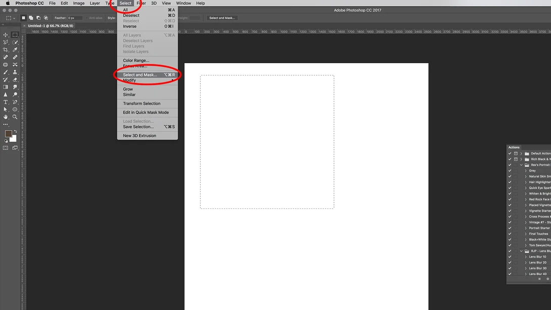 A screenshot displaying the Select And Mask tool in Adobe Photoshop CC 2017.