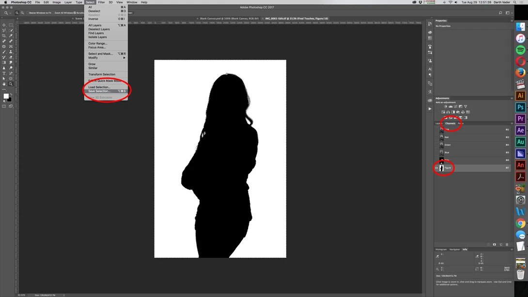 Saving a selection in Adobe Photoshop.