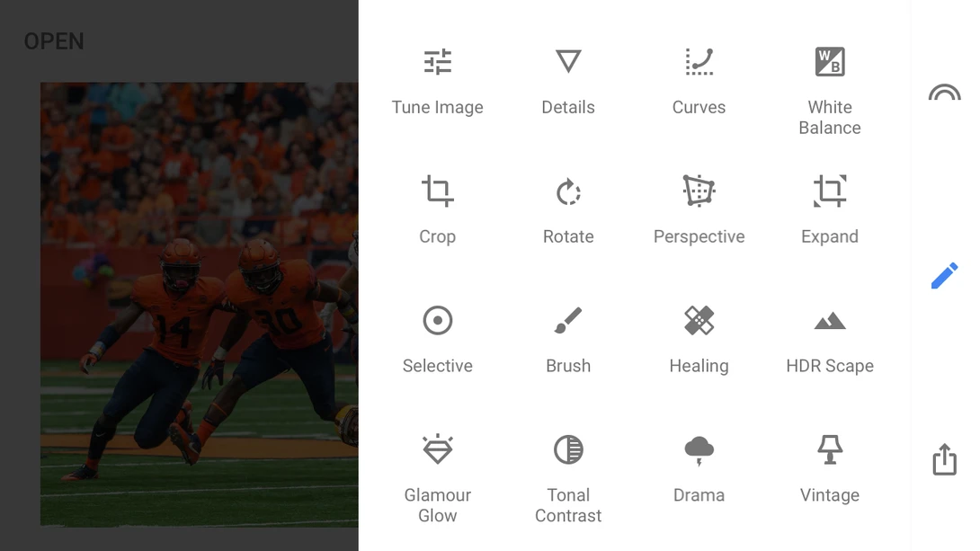 Snapseed's new interface hides all the tools under one button.