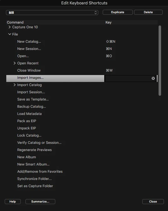 Capture One Keyboard shortcut window