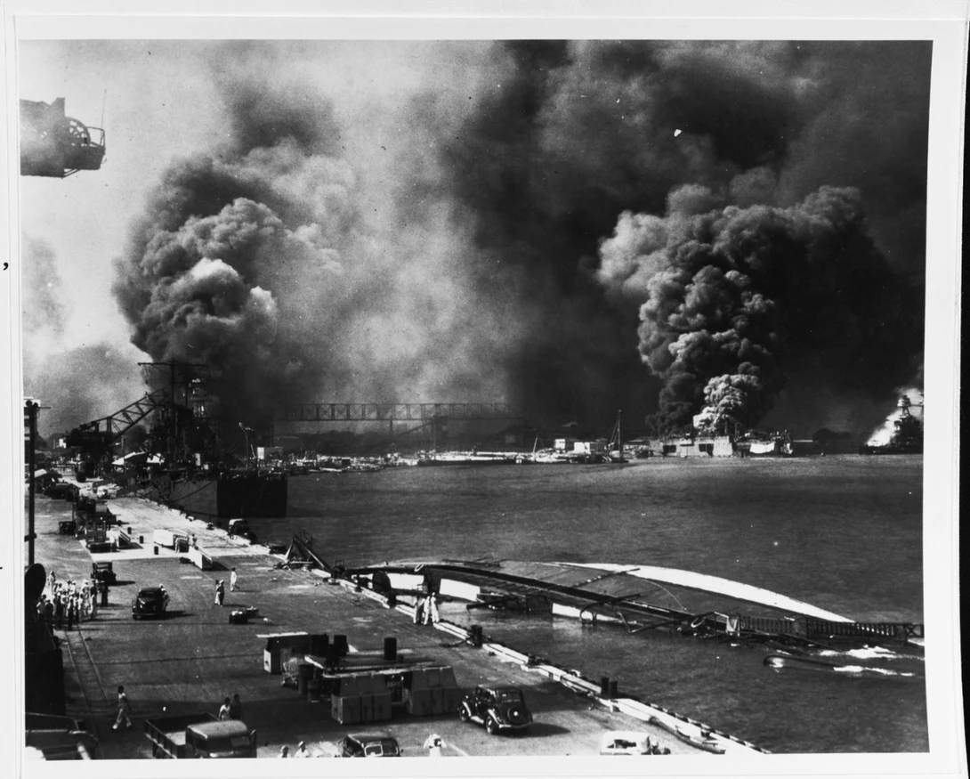 View from a pier looking toward the Pearl Harbor Navy Yard's drydocks.