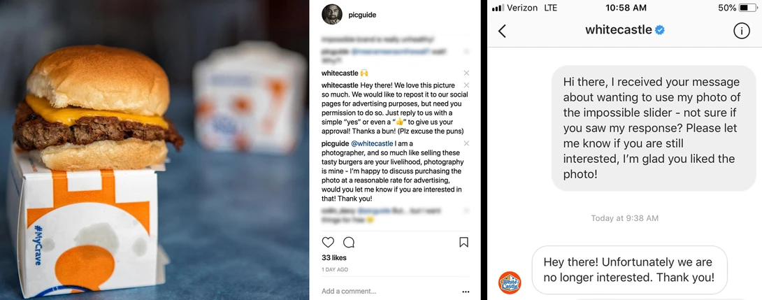 White Castle's comments on my Instagram page, and their cold response to my request for payment.