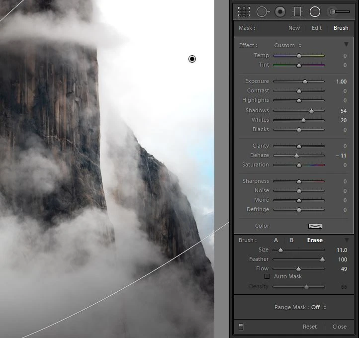 Selecting the erase brush within the Radial Filter