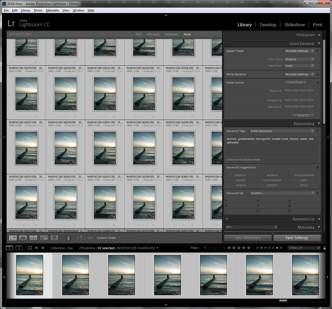 Every image of the series must receive the same post processing. This is made very easy in Lightroom by synchronizing settings.