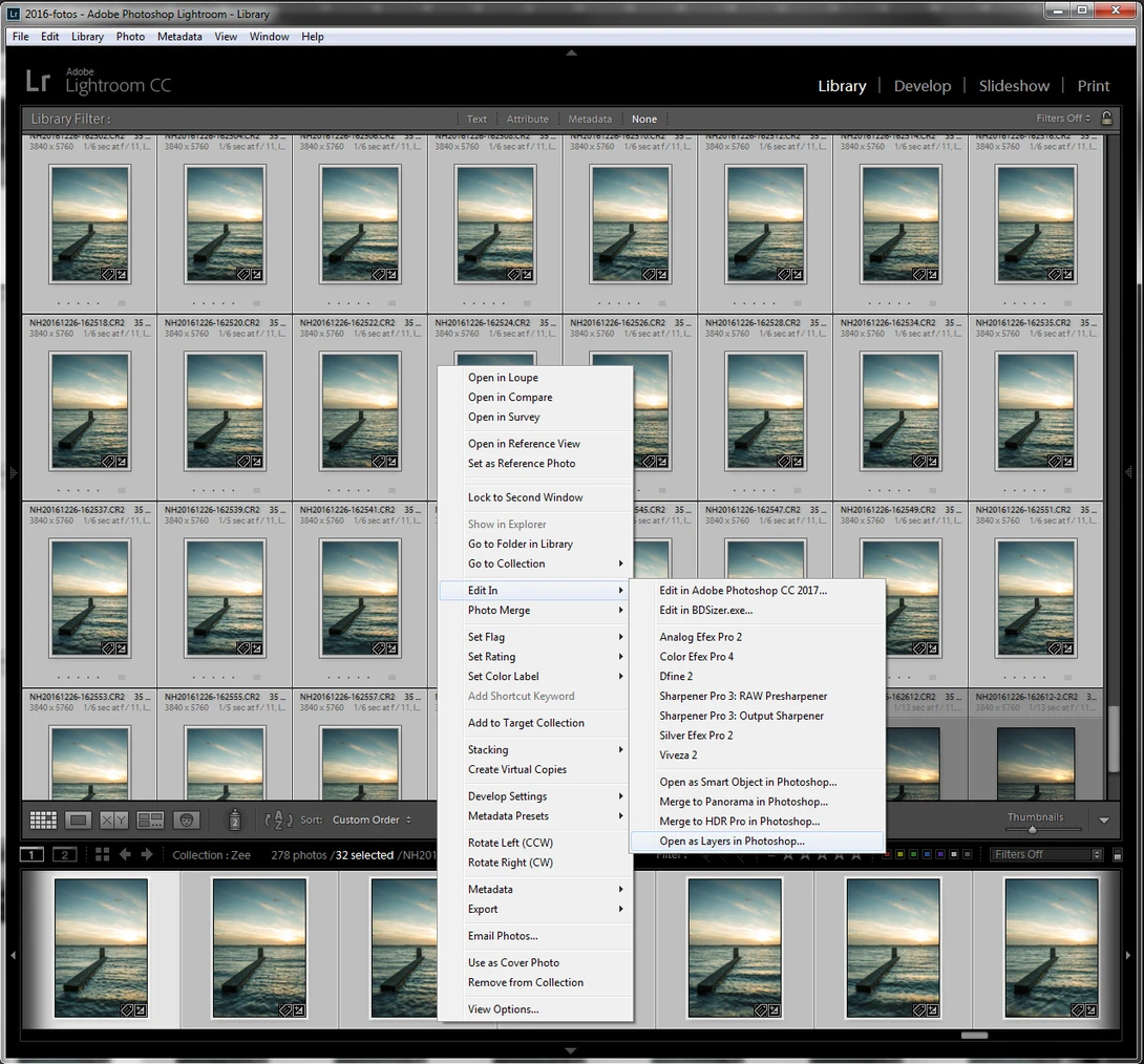 The link between Lightroom and Photoshop makes it easy to load all images into layer in Photoshop by one command in the context menu