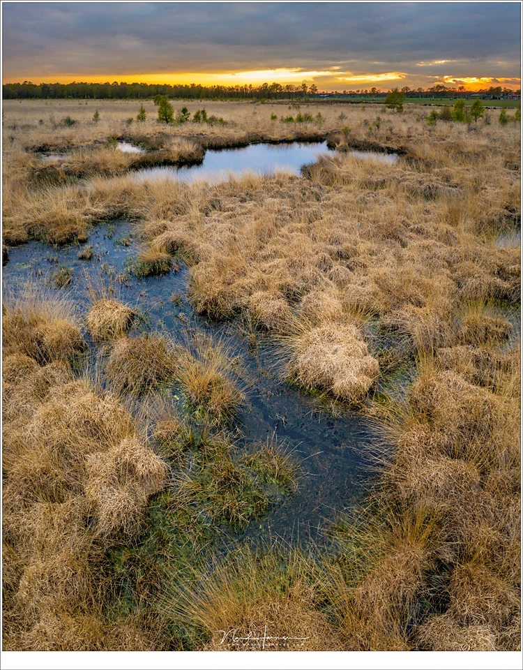 I did not know of these ponds in a nearby moorland, until I noticed it while flying the drone. Just twenty meters from the footpath, and not more than two meters high made it possible to shoot this sunset. (DJI Mavic Pro 2 | ISO100 | f/5,6 | 1/8 | Panoram