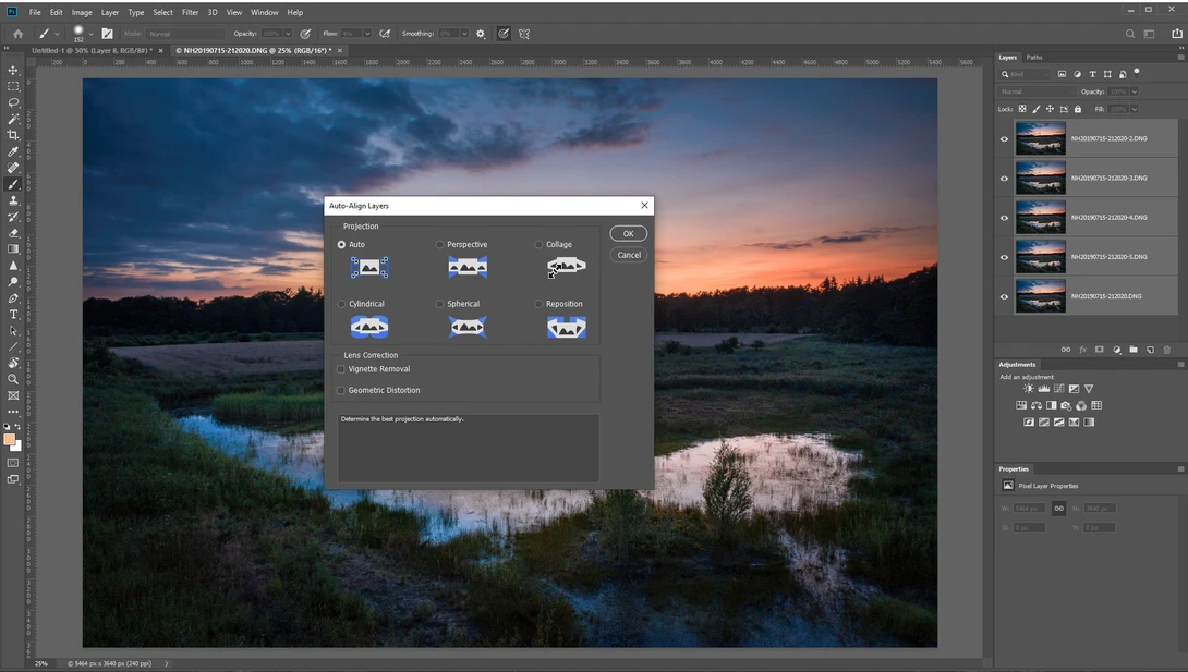 Select all layers and choose auto-align from the menu. This may be unnecessary for photos made from tripod. Because these are made with a drone, a slight misalignment may be present.