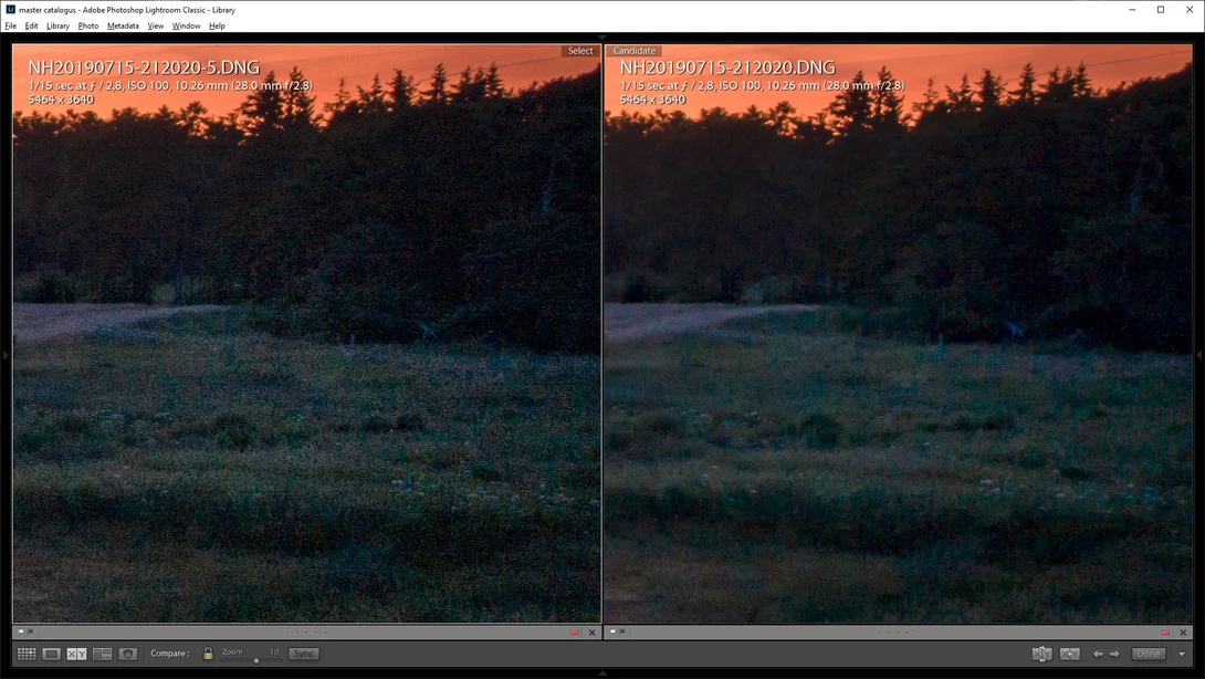 After post-processing a lot of noise is visible (left image). By reducing noise too much details are lost. This is not what we want. By stacking multiple images we can reduce noise and keep the details.