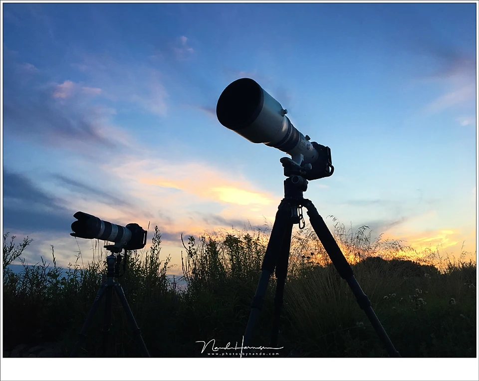 Large lenses on heavy duty tripods. It makes photographing much more fun, and less tiresome.