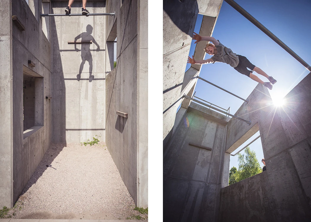 The tower at the center of the parkour structure at Gerlev.