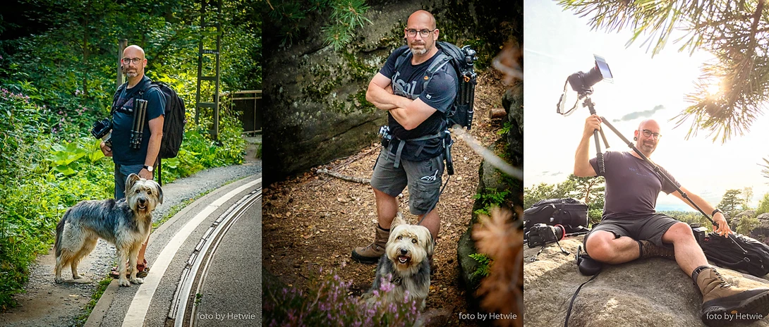The real life; hiking and using the Gitzo. On the left: the tripod connected on a D-ring with a carabiner, for easy access. In the middle: the Gitzo attached to my daypack, with the Fujifilm X100t attached to the belt. On the right: setting up the tripod.