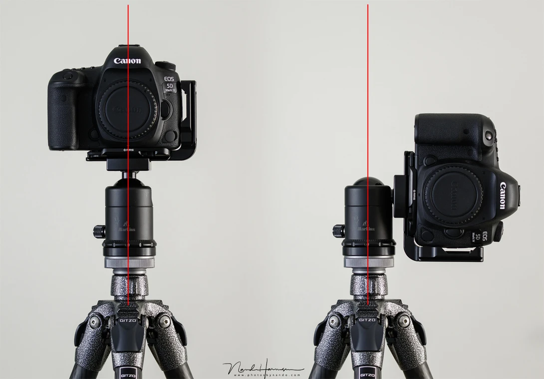 With a regular camera plate it is necessary to flip the camera to the side, placing it next to the tripod. Unless you use a sturdy tripod, the setup may become unstable. You also need to correct the composition offset.
