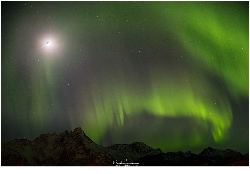 Shooting polar light with a moon in the sky is no problem. The moon light may even light up the landscape. (EOS 5D4 + 55mm | ISO3200 | f/2,8 | 2 sec)