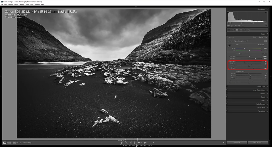 With just four sliders in Lightroom, we can manipulate the contrast in the photo. You could do this globally, or locally. The latter makes it possible to make small adjustments in the photo. The detail in the shadows is present, thanks to the Exposure to 