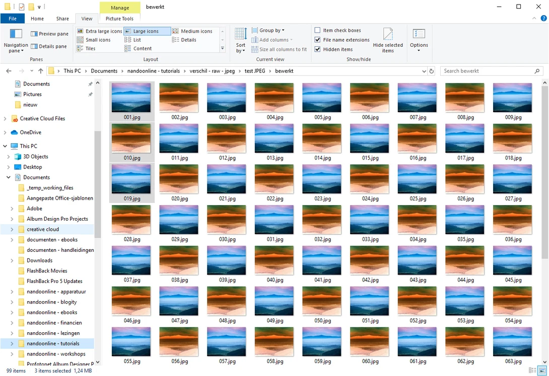 Ninety nine files, each saved from the previous one, with a simple postprocessing performed that will not degrade the image even more. If you want to change your JPEG file, make sure you keep the original one original. Don't overwrite that file with the n
