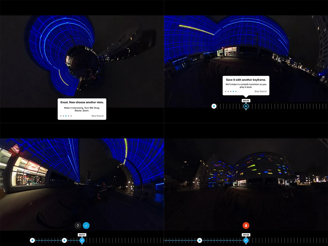 Editing the 360° footage is easy and fun. A few screenshots may give an idea, but you have to see it yourself.