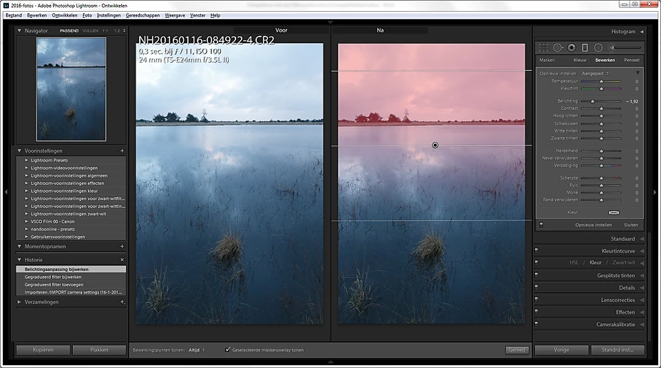 It is very simple to add a gradient onto an image in a post-production programm like Lightroom. The end result is similar to the use of a real filter on location. But this digital filter can easily be adjusted in any way, like making it an uneven gradient