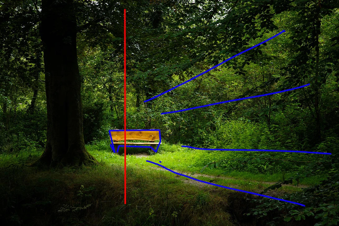 A nice a-symmetric compostion. The bench is positioned at the golden ratio, and the lines indicate how the eye is lead towards that bench