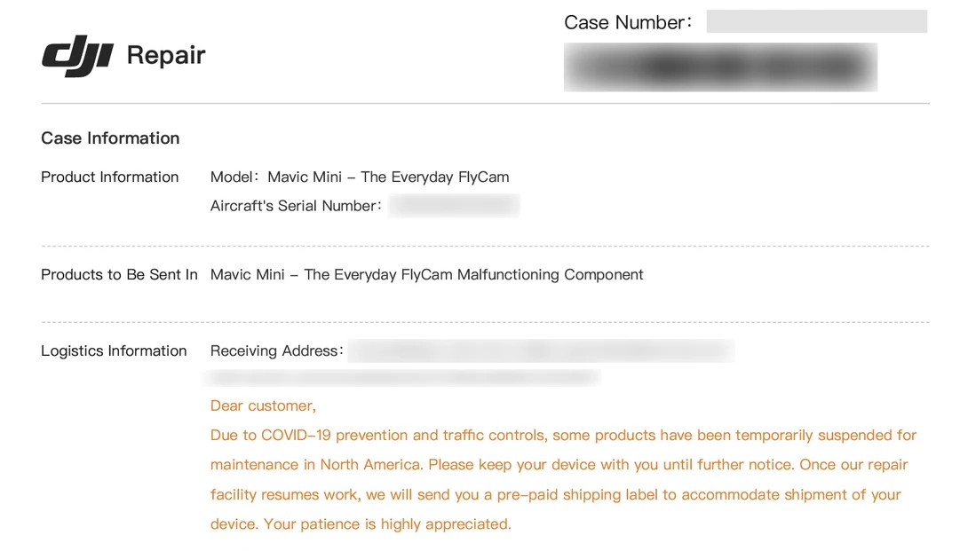 The note about COVID-19 that one receives after filling out the repair request on DJI's site. Completely understandable, but it's still sad news.