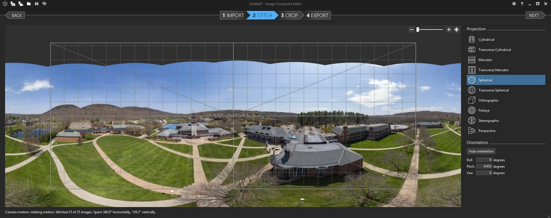 A 25-image stitch from a drone in Microsoft Image Composite Editor