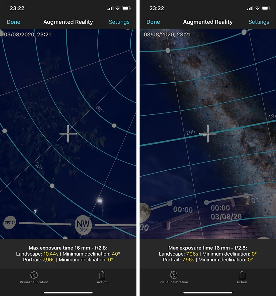 The augmented reality makes it easy to use the declination, Just point the cross hair to the center star of your composition and the exact shutter speed is mentioned. Just look at the difference.