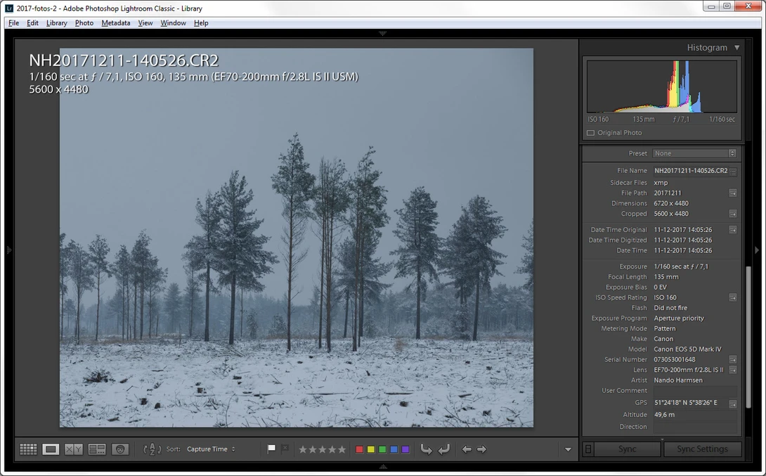 An example of a show covered landscape during daylight. The light meter made 18% gray from the white snow. Look at the histogram; it is situated in the middle.