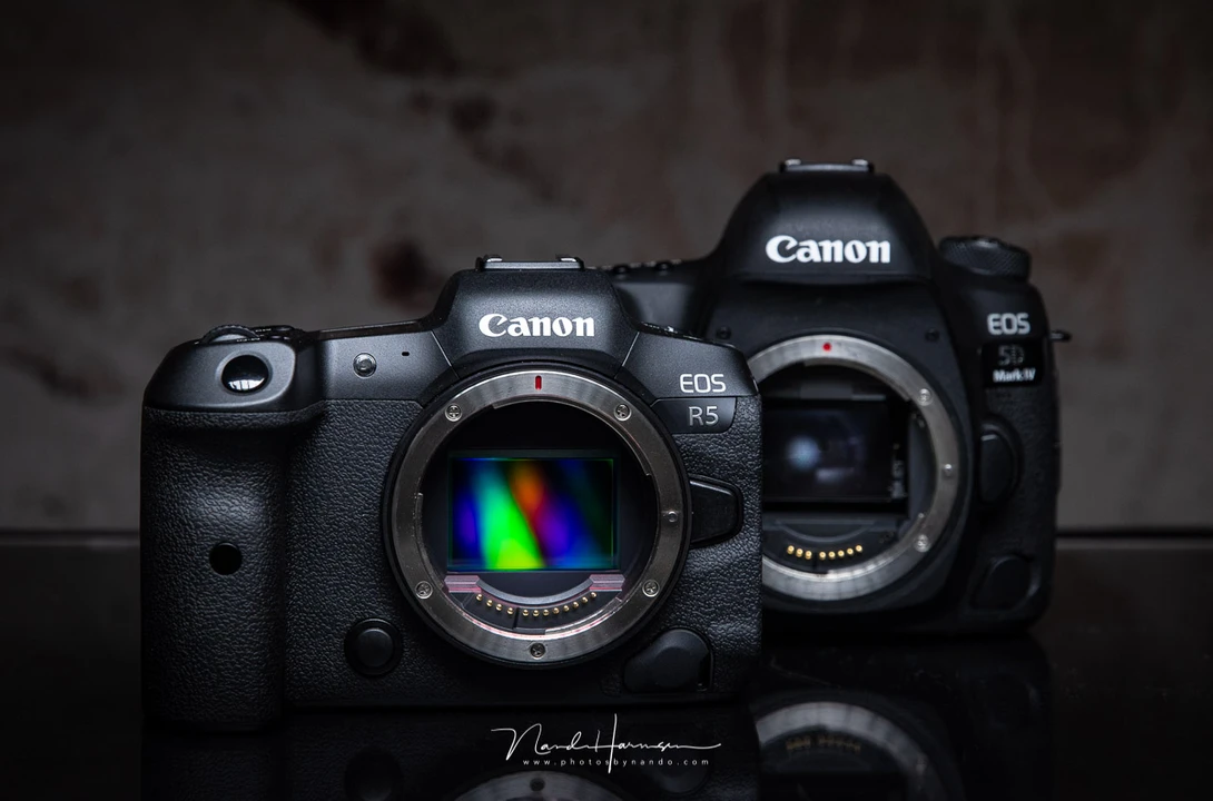 The Canon EOS R5 in front of the Canon 5D mark IV, two amazing cameras