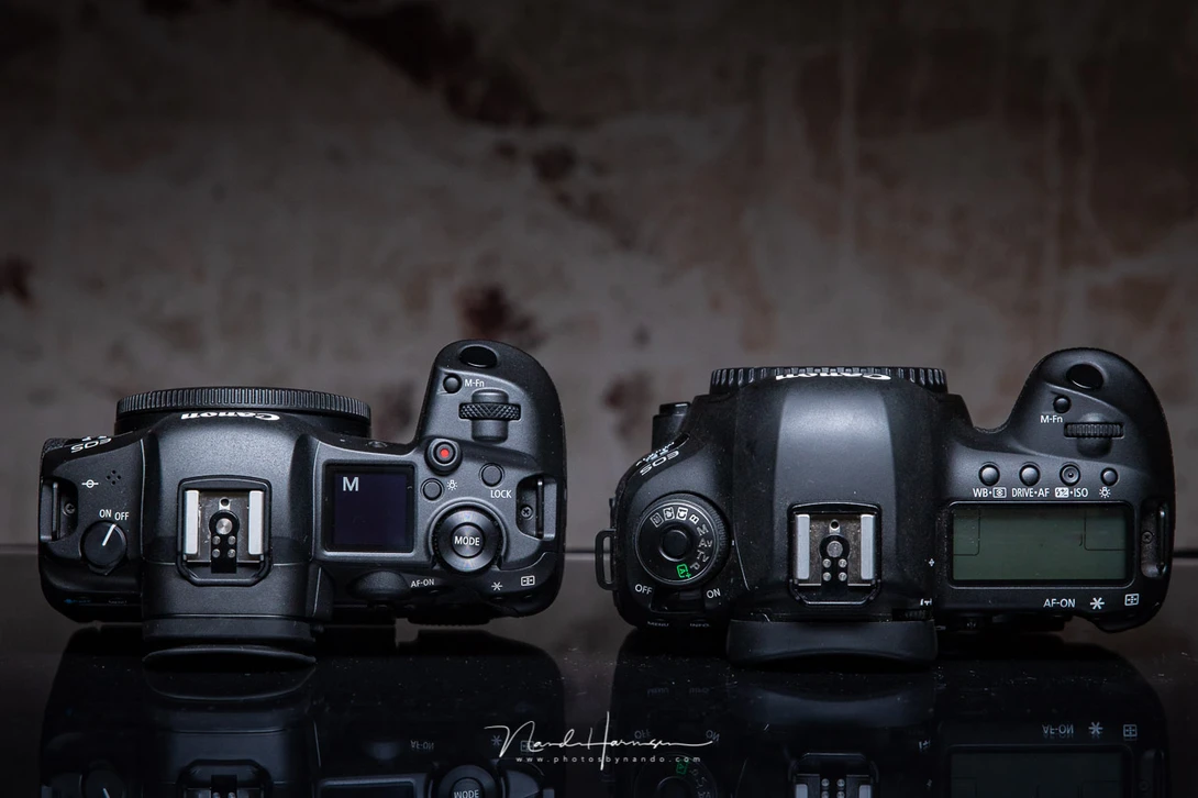 The top side of the Canon EOS R5 and Canon EOS 5D mark IV