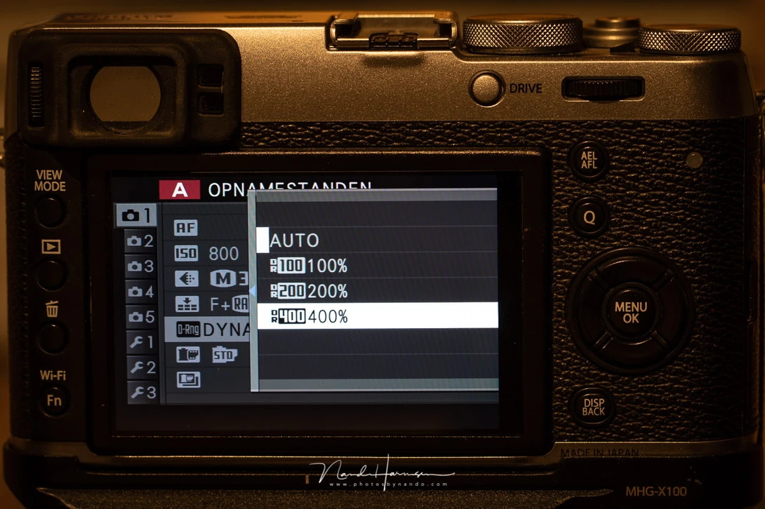 The dynamic range menu settings on the Fujifilm X100t