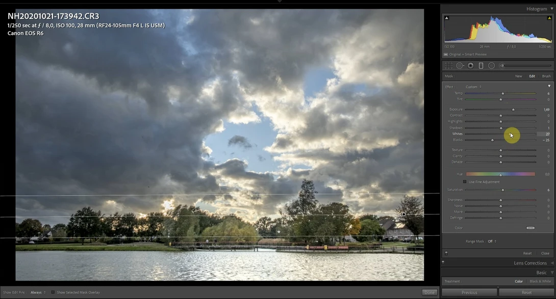 By adding local adjustments it is possible to add a nice local contrast to the image. Use gradient masks or adjustment brushes.