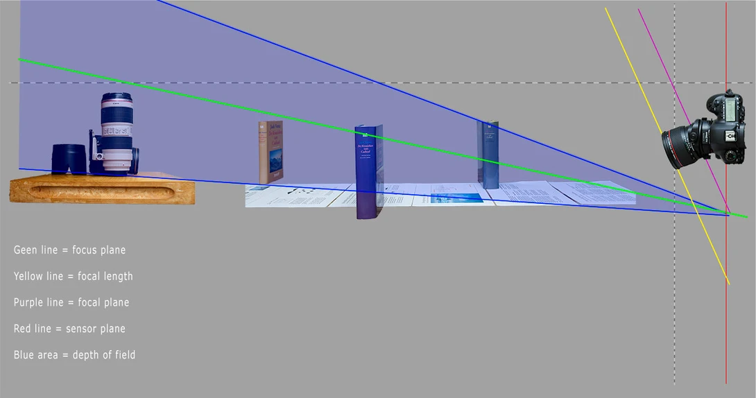 When the lens is tilted, the plane of focus will tilt also. The depth of field area will change dramatically. It will change in a wedge shape.